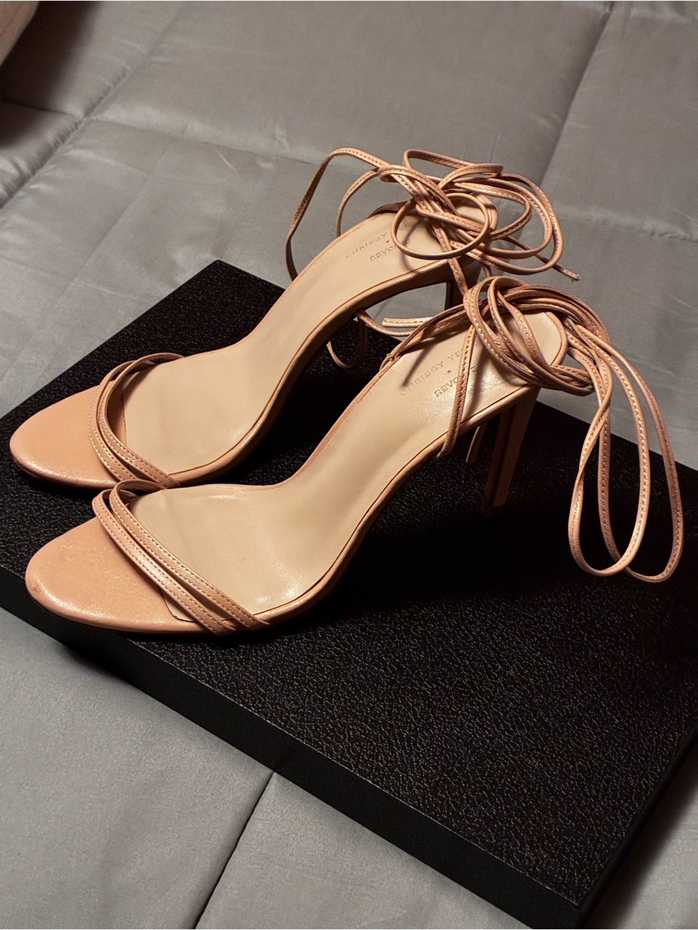 Revolve + Chrissy Teigan “Alex” Nude Lace Up Strappy Heel Size 9.5